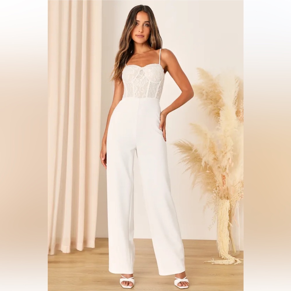 Lulus Eloquently Enticing White‎ and Beige Lace Bustier Jumpsuit. SZXL. Bridal